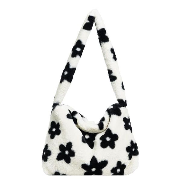 Borse da sera Donna Autunno Inverno Bella borsa a fiori in bianco e nero Borsa da ascella a tracolla singola in peluche da donnaSera