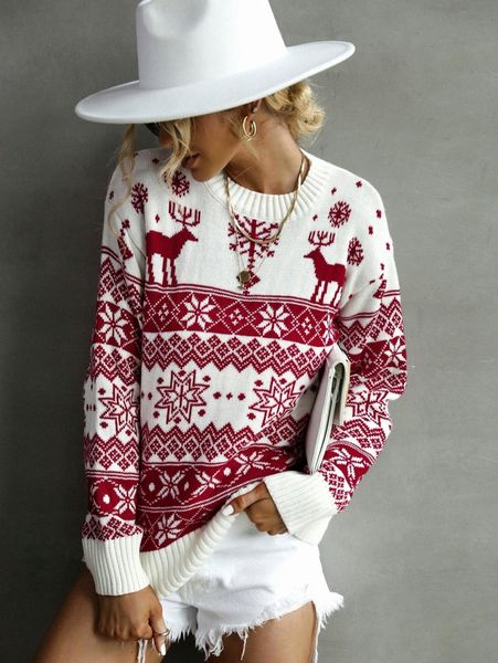 

christmas elk & snowflake pattern drop shoulder sweater f1to#, White;black