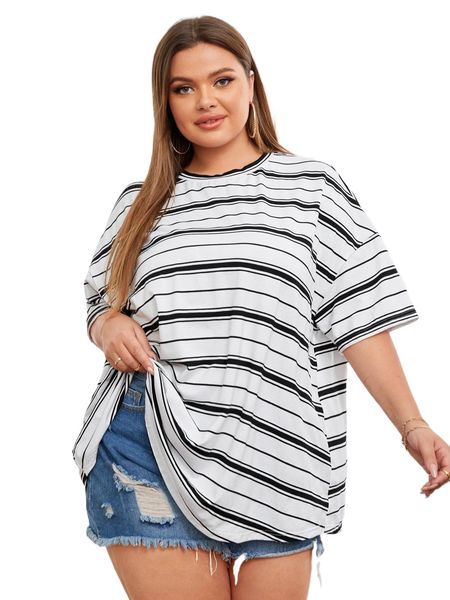 

plus drop shoulder striped tee s25l#, Black