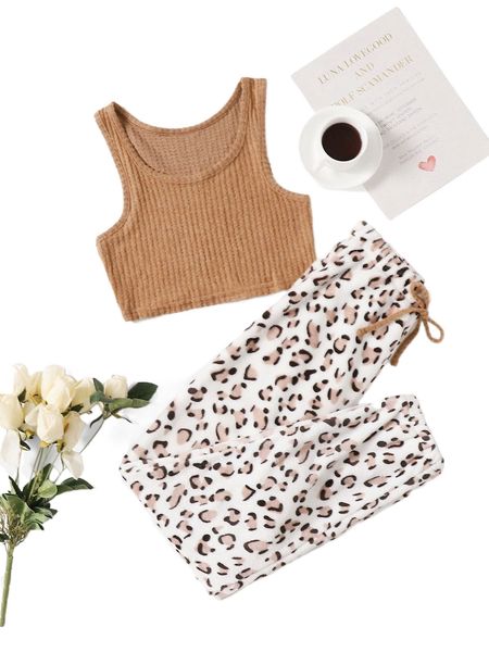 

crop tank & leopard print flannel pants lounge set b5jy#, Black;red