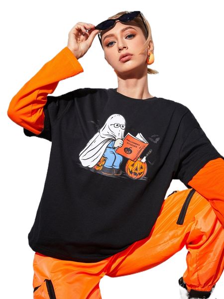

x greendevilartwork halloween print drop shoulder 2 in 1 pullover 48rk#, White