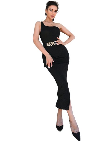 

one shoulder split hem metallic bodycon dress without belt y82v#, Black;gray