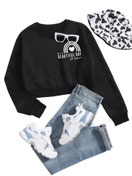 

heart and slogan graphic crop thermal sweatshirt d8jh#, Black