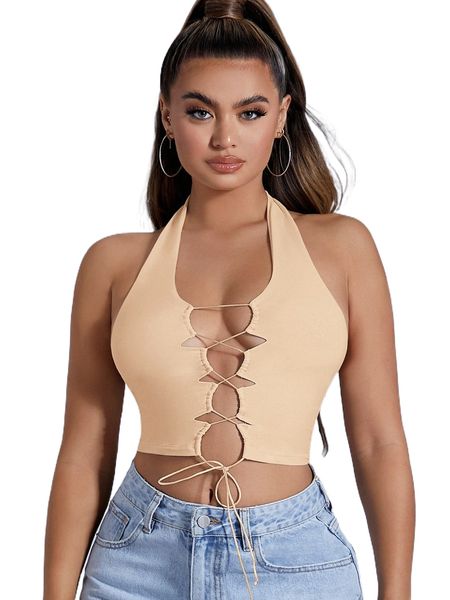 

sxy lace up front crop halter u3lt#, White