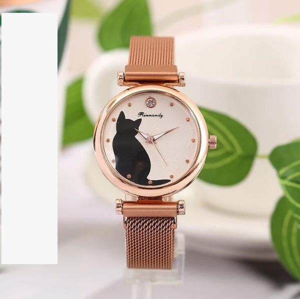 Fashion Cat Watches Frauen Quarz Armbanduhren Roségold -Mesh Band Magnet Design Casual Ladies Student Clock