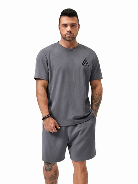 

extended sizes men slogan graphic tee & drawstring waist shorts 73ks#, Gray