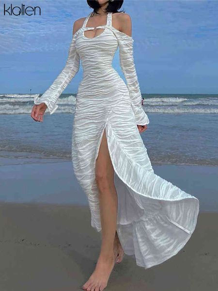 Klalien Moda Elegante Francês Francês Sólido Sólido Maxi Maxi Vestidos Mulheres Praia Estilo de férias Sexy Off Ombro Halter Vestidos Y220401