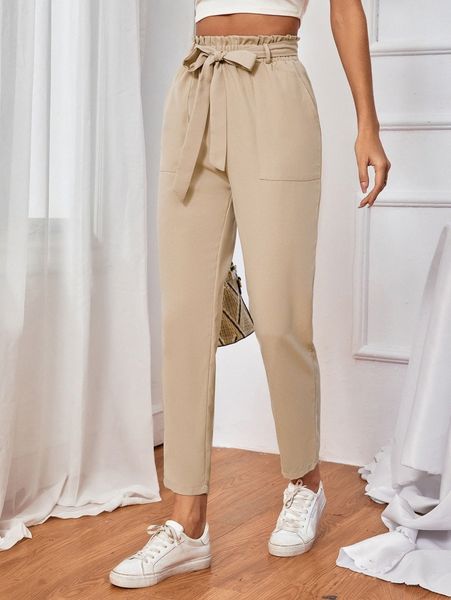 

paperbag waist slant pocket belted pants i9pz#, Black;white