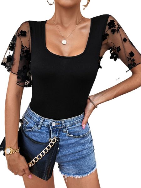 

contrast floral mesh flutter sleeve scoop neck bodysuit y3iq#, White