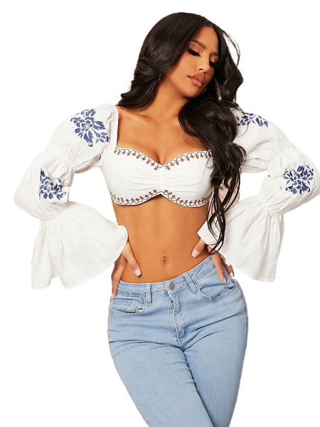 

sxy floral embroidery flounce sleeve crop i8qd#, White