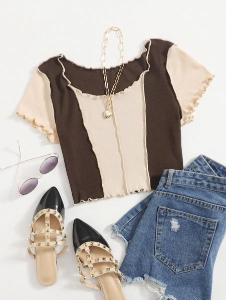

colorblock lettuce trim rib-knit tee x40y#, White