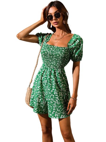 

ditsy floral print shirred puff sleeve romper 83an#, Black;white