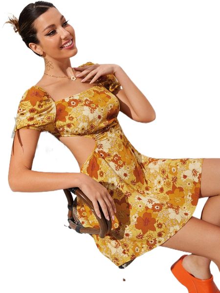 

floral print cut out tie backless puff sleeve dress f1om#, Black;gray