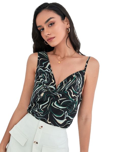 

allover print draped asymmetrical neck blouse 40lq#, White
