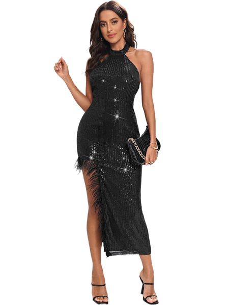 

backless fringe trim asymmetrical hem sequin formal dress 07zf#, Black;gray