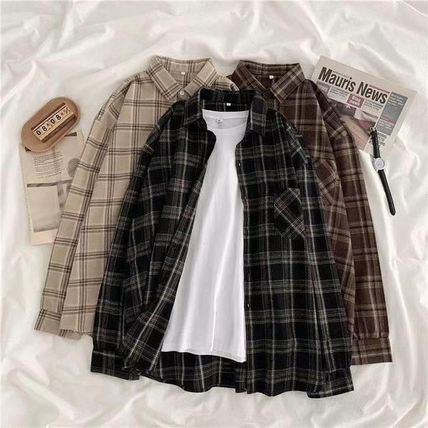 

vintage plaid shirts women long sleeve oversize button up shirt korean fashion casual fall outwear blusas mujer, White