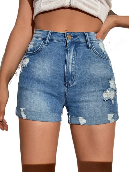 

zipper fly ripped denim shorts m6cl#, White;black
