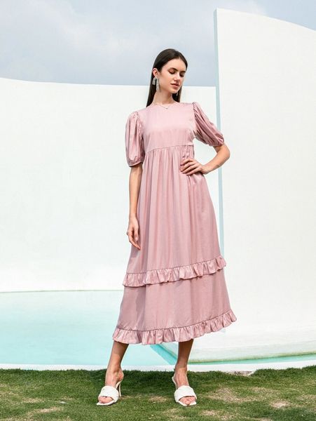 

puff sleeve ruffle hem babydoll dress j9pj#, Black;gray