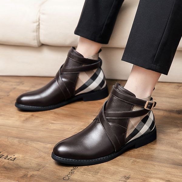 

fashion boots men shoes pu stitching plaid classic round head cross loop belt buckle simple wild british high boots dp401, Black
