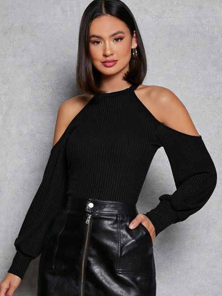

cold shoulder rib-knit tee d3lr#, White