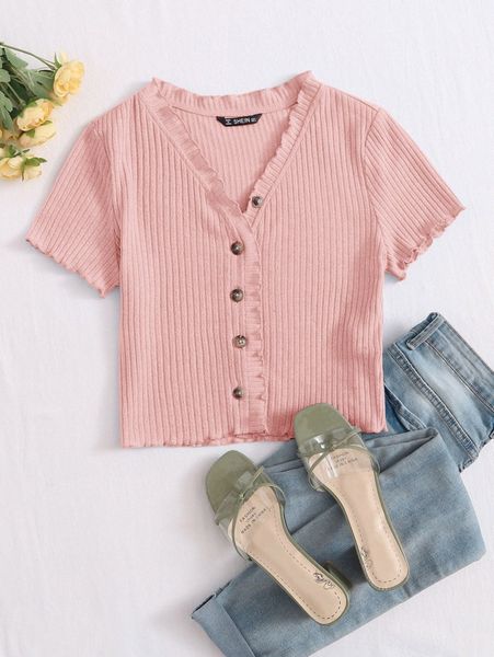 

button front lettuce trim rib-knit tee j8ie#, White