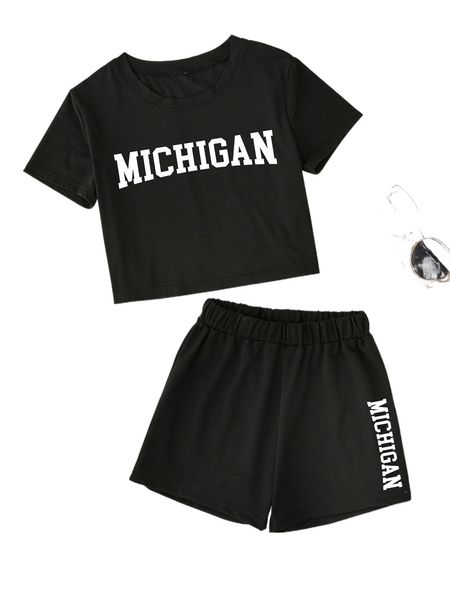 

letter graphic tee & shorts i8l3#, White