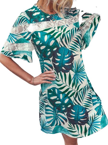 

contrast lace tropical print butterfly sleeve tee dress h5n9#, Black;gray