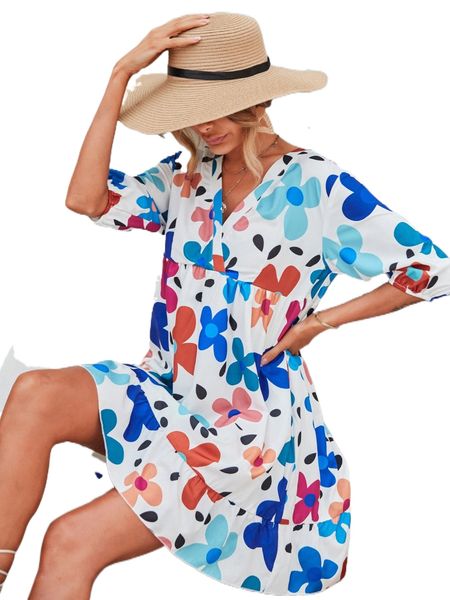 

allover floral print surplice front smock dress k7iw#, Black;gray