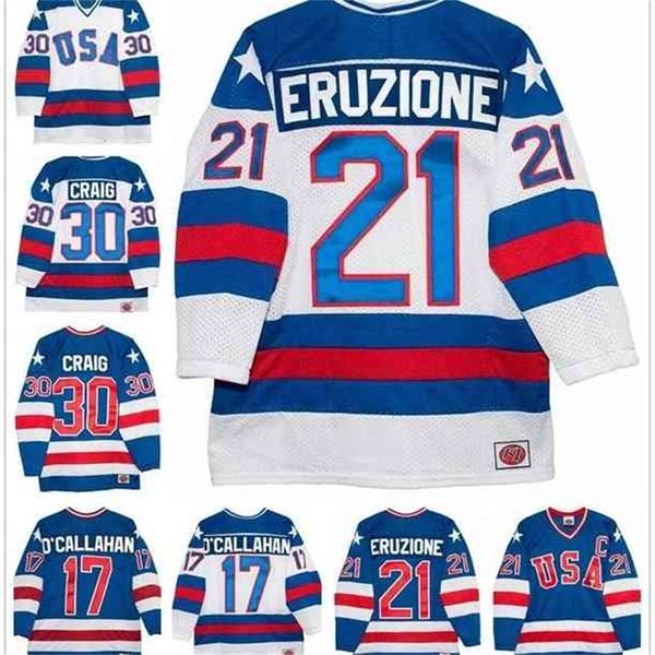 MThr 1980 Miracle On Ice Team #21 Mike Eruzione #17 Jack O'Callahan #30 Jim Craig Eishockey-Trikots, blau-weiß genähtes USA-Hockey-Trikot