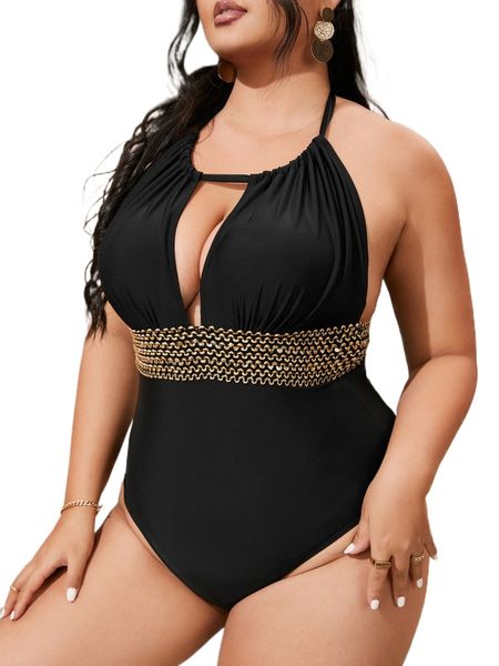 

plus cut out halter one piece swimsuit b2x7#, White;black