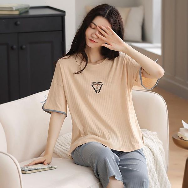 

women pajamas set summer short sleeve sleepwear casual pajama 100 cotton female calf-length pants pyjamas loungewear, Black;red