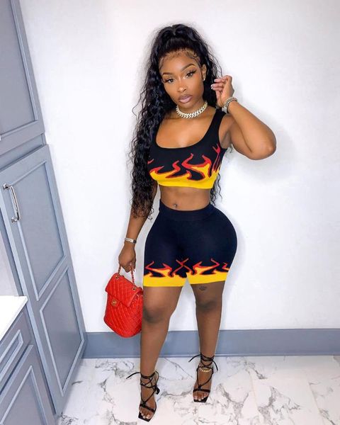 

women's tracksuits casual 2 piece set skinny women fire flame print tank crop shorts club outfit two matching sets, Gray