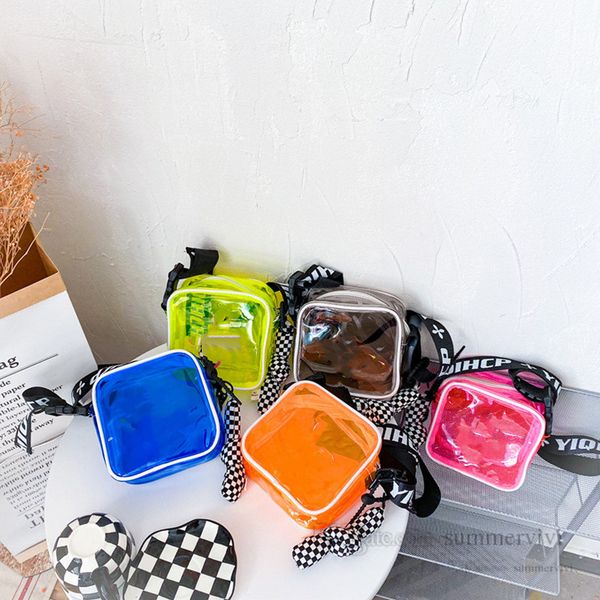 

kids floral printed handbags girls boys transparent jelly square crossbody bag children plaid letter straps single shoulder casual bags q607, Black