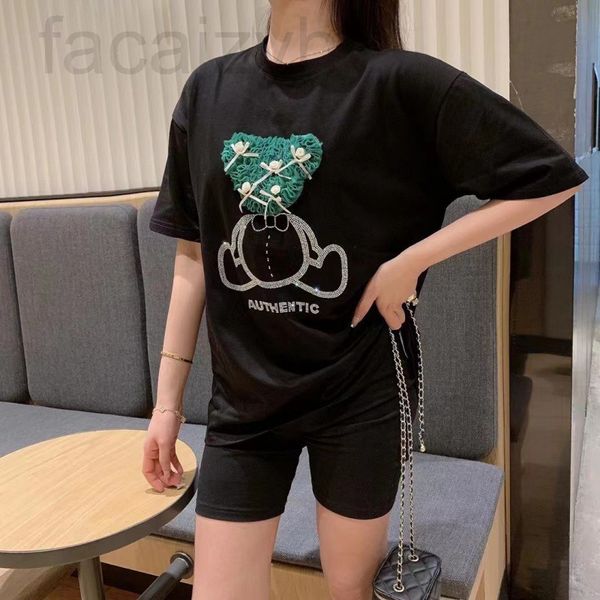

women's t-shirt designer chaopai 22 early spring new 3d flower diamond cartoon bear loose age reducing short sleeve round neck t-shirt, White