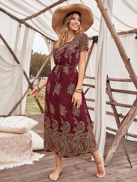 

floral print belted dress l9u6#, Black;gray