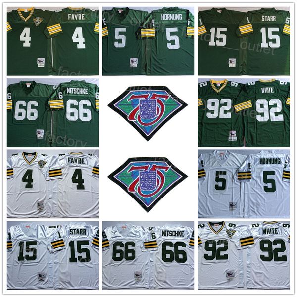 Jerseys de futebol de futebol 75º Vintage 4 Brett Favre Jersey 15 Bart Starr 66 Ray Nitschke 92 Reggie White 5