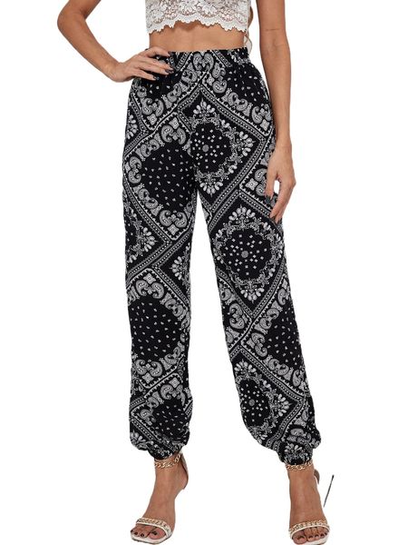 

paisley and scarf print joggers m6e3#, Black;white