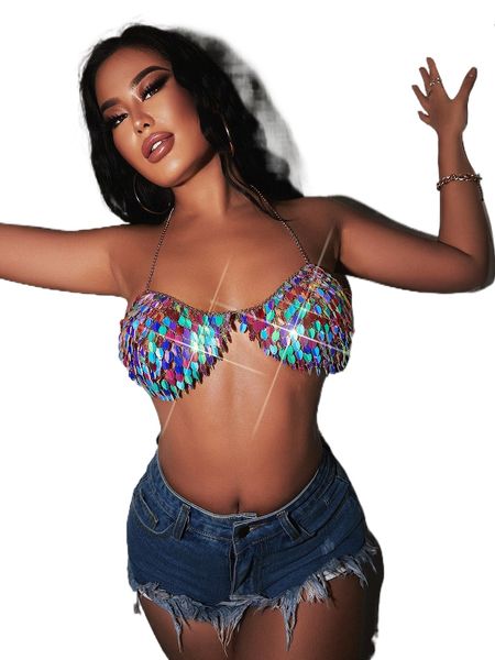

sxy color block chain strap backless crop sequin halter 28fh#, White