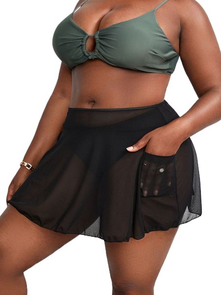 

plus high waist bikini bottom & sheer mesh patched pocket beach skirt g8py#, Black