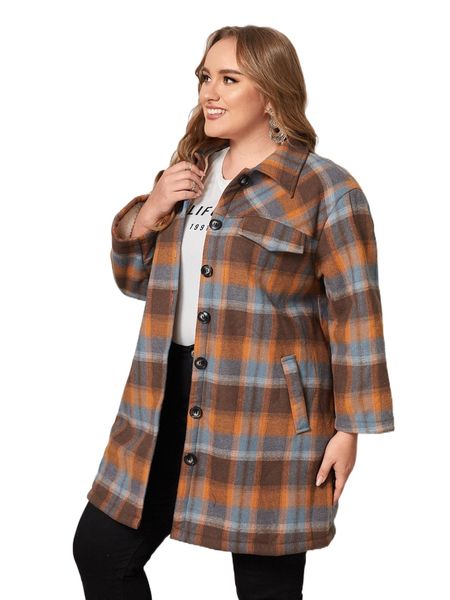 

plus plaid print drop shoulder coat c2qo#, Black