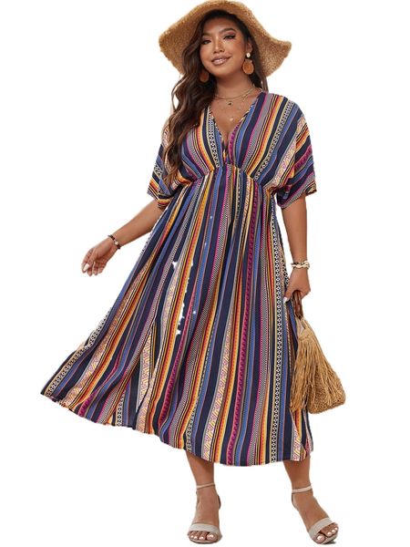 

plus striped and geo print batwing sleeve dress z8hp#, Black
