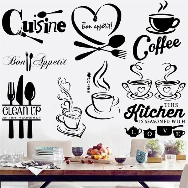 9 stili Adesivi murali caffè per cucina Adesivi decorativi Decalcomanie murali in vinile Adesivi fai da te Decorazioni per la casa Sala da pranzo Negozio Bar 220727