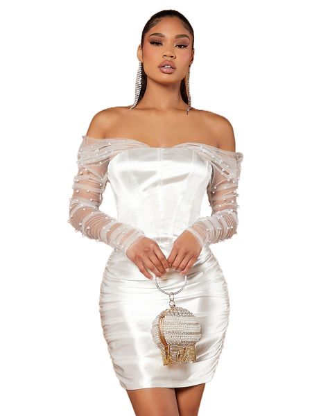 

bae off shoulder contrast mesh pearls beaded ruched bodycon dress n43d#, Black;gray