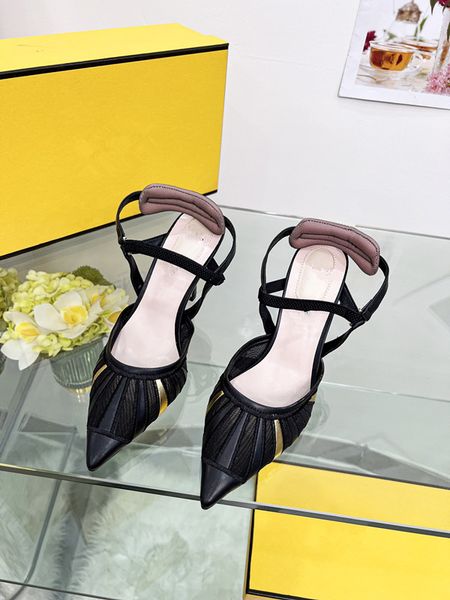 

2022 designer new genuine leather sandal high heels pointed toe breathable mesh for ladies, Black