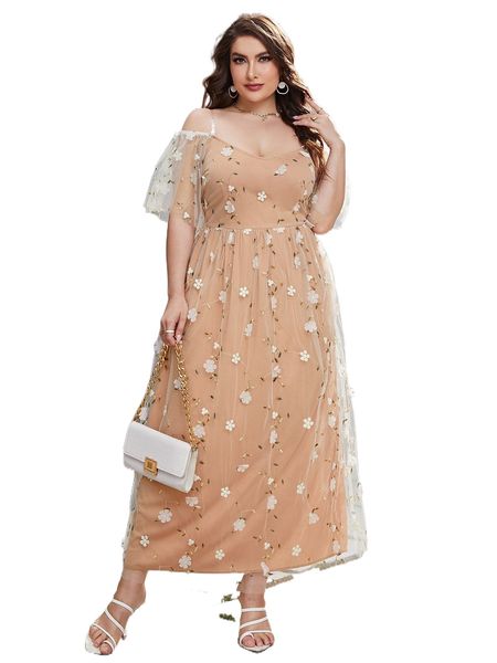 

plus floral embroidered cold shoulder mesh dress p3nq#, Black