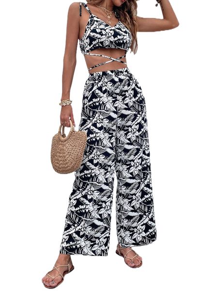 

tropical print crisscross tie shoulder crop cami & wide leg pants 86v7#, White