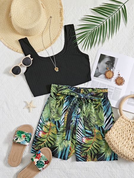 

ribbed knit tank & tropical tie front shorts set k4vx#, White