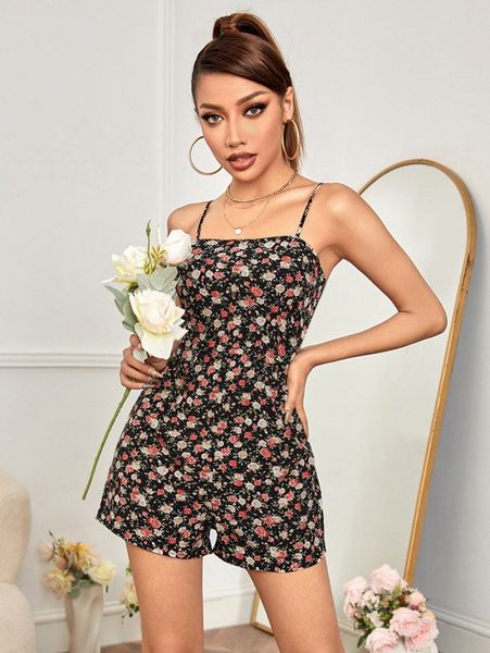 

petite ditsy floral backless knot cami romper d0qy#, Black;white