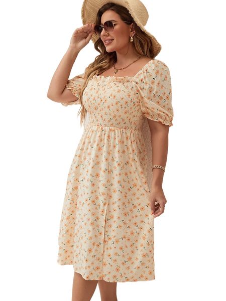 

plus ditsy floral print shirred puff sleeve dress t0mt#, Black