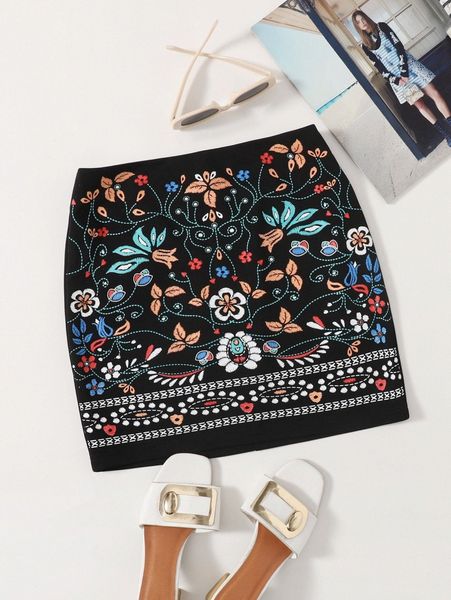 

zipper back floral embroidered skirt 20nj#, Black